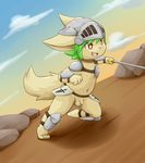  4_fingers 4_toes anthro armor balls cloud cub cute_fangs detailed_background flaccid fur green_hair hair helmet kemono male melee_weapon navel nipples norphen nude open_mouth penis pink_nose red_eyes rock solo sword tan_fur teeth toes uncut weapon young 