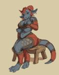  4_breasts bench breasts clothed clothing curved_horn ear_piercing ear_ring female hair horn kobold multi_breast nipples oouna piercing red_hair signature sitting solo 