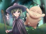  2girls :o bandelia bangs berserk blank_stare chibi evarella fairy forest green_hair hat looking_at_another multiple_girls nature open_mouth parted_bangs puck purple_eyes schierke short_hair staff witch witch_hat 