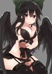  arm_cannon between_breasts bird_wings black_bra black_hair black_legwear black_ribbon black_wings blush bow bra breast_squeeze breasts commentary_request garter_belt green_bow hair_bow highres large_breasts long_hair looking_at_viewer niseneko_(mofumofu_ga_ienai) red_eyes reiuji_utsuho ribbon simple_background solo thighhighs third_eye touhou underwear underwear_only weapon wings 