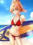  bangs beach bikini blonde_hair blue_sky breasts closed_mouth cloud cloudy_sky collarbone commentary_request contrapposto cowboy_shot day eyebrows_visible_through_hair fate/grand_order fate_(series) front-tie_bikini front-tie_top green_eyes highres holding lens_flare long_hair looking_at_viewer medium_breasts mordred_(fate)_(all) mordred_(swimsuit_rider)_(fate) navel outdoors parted_bangs ponytail prydwen red_bikini side-tie_bikini sidelocks sky smile solo sparkle standing sukemyon surfboard swimsuit 