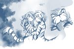  2017 alternate_species anthro anthrofied casual_nudity convenient_censorship duo ears_back eyes_closed feline female flora_(twokinds) fur hi_res hug keidran kissing male mammal monochrome nude raining romantic_couple sketch smile striped_fur stripes tiger tom_fischbach trace_legacy twokinds webcomic wet 