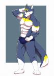  abs absurd_res agonylight anthro beach biceps big_muscles black_fur bulge canid canine canis cellphone claws clothed clothing fur hi_res kemono looking_at_viewer male mammal muscular outside pants pecs phone rabbitdx26 seaside smile solo speedo standing swimsuit topless white_fur wolf yellow_eyes 