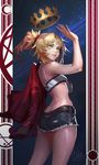  ass belt butt_crack coat cowboy_shot crown dimples_of_venus fate/apocrypha fate_(series) green_eyes highres li_chunfu looking_back mordred_(fate) mordred_(fate)_(all) ponytail shorts shoulder_blades smile solo standing waving 