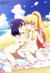  2girls :d absurdres ass barefoot beach blanket blonde_hair blue_eyes blue_sky blush breasts cloud collarbone day eyebrows_visible_through_hair feet food food_on_face from_side front-tie_top gabriel_dropout hair_ornament hairclip highres ice_cream kneeling kuwabara_naoko long_hair medium_breasts megami multiple_girls navel nipples nude nude_filter o3o official_art open_mouth outdoors photoshop ponytail purple_eyes purple_hair pussy scan short_hair sky small_breasts smile tenma_gabriel_white tsukinose_vignette_april uncensored wide_ponytail wiping_face x_hair_ornament 