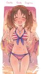  7010 :d ^_^ ass_visible_through_thighs bikini blush bow bracelet breasts brown_hair cleavage closed_eyes front-tie_bikini front-tie_top hair_bow idolmaster idolmaster_cinderella_girls imai_kana jewelry medium_breasts necklace open_mouth romaji shell_necklace side-tie_bikini smile solo striped striped_bikini swimsuit thigh_gap translated twintails wet 