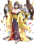  arrow bare_shoulders black_hair bow_(weapon) breasts castle cleavage crown emerane fingerless_gloves floral_print full_body gloves hair_between_eyes hair_over_one_eye holding holding_bow_(weapon) holding_weapon japanese_clothes kimono large_breasts long_hair mole mole_under_eye official_art oshiro_project oshiro_project_re petals red_eyes shachihoko smile solo tamonyama_(oshiro_project) transparent_background very_long_hair weapon yuujo 