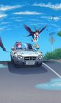  ^_^ absurdres animal_ears bag bangs black_wings blouse blunt_bangs bottle bow braid brown_hair car cat_ears closed_eyes cloud day driving feathered_wings feathers flying green_skirt ground_vehicle hair_bow highres holding holding_bag holding_bottle joeychen kaenbyou_rin legs_together long_hair long_image looking_at_another looking_to_the_side motor_vehicle multiple_girls open_mouth outdoors pleated_skirt puddle puffy_short_sleeves puffy_sleeves reiuji_utsuho right-hand_drive road road_sign short_sleeves sign skirt sky smile tall_image touhou toyota toyota_sports_800 twin_braids white_blouse wings 