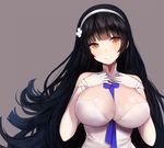  ankkoyom bangs bare_shoulders between_breasts black_hair blunt_bangs breasts closed_mouth girls_frontline gloves hairband hands_on_own_chest large_breasts long_hair looking_at_viewer qbz-95_(girls_frontline) simple_background smile solo upper_body white_gloves white_hairband yellow_eyes 