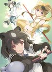  african_wild_dog_(kemono_friends) animal_ears bear_ears bear_girl bear_paw_hammer black_hair blonde_hair brown_bear_(kemono_friends) brown_eyes circlet commentary_request dog_ears dog_tail elbow_gloves fang fingerless_gloves gloves golden_snub-nosed_monkey_(kemono_friends) grey_eyes high_ponytail highres itoichi. kemono_friends leotard long_hair monkey_ears monkey_tail multicolored_hair multiple_girls orange_hair ponytail short_hair shorts staff tail thighhighs white_hair yellow_eyes yellow_leotard 