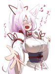  ^_^ animal_ears bare_shoulders blush breasts closed_eyes collar colored_eyelashes detached_sleeves fang fox_ears hair_ribbon japanese_clothes large_breasts long_hair obi open_mouth original outstretched_arms ponytail ribbon sakura_inu sash simple_background smile solo spread_arms translated very_long_hair white_background white_hair 