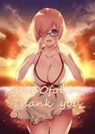  :d ass_visible_through_thighs backlighting bare_shoulders black-framed_eyewear breasts casual_one-piece_swimsuit cleavage cloud cloudy_sky collarbone cowboy_shot fate/grand_order fate_(series) followers glasses hair_over_one_eye halterneck hamada_pochiwo hand_to_own_mouth highres horizon large_breasts looking_at_viewer mash_kyrielight one-piece_swimsuit open_mouth outdoors pink_hair purple_eyes short_hair sky smile solo sunset swimsuit swimsuit_of_perpetual_summer thank_you white_swimsuit 