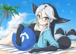  akatsuki_no_akatsuki ball beach bird black_hair blush breasts brown_eyes california_sea_lion_(kemono_friends) cleavage cloud commentary_request day gloves highres japari_symbol kemono_friends large_breasts long_hair low_ponytail multicolored_hair outdoors sky solo swimsuit two-tone_hair white_hair 