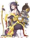  bare_shoulders black_hair bow_(weapon) breasts castle crown emerane fingerless_gloves floral_print from_side full_body gloves hair_between_eyes holding holding_bow_(weapon) holding_weapon japanese_clothes kimono large_breasts long_hair mole mole_under_eye official_art oshiro_project oshiro_project_re petals red_eyes seiza sitting solo tamonyama_(oshiro_project) torn_clothes torn_kimono transparent_background very_long_hair weapon yuujo 
