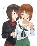  2girls arm_grab blush bra brown_eyes brown_hair commentary_request girls_und_panzer green_skirt groping hand_under_clothes highres incest kuromorimine_school_uniform minamito multiple_girls nishizumi_maho nishizumi_miho one_eye_closed ooarai_school_uniform open_mouth pleated_skirt red_skirt school_uniform short_hair siblings simple_background sisters skirt sweat tears translated underwear white_background yuri 