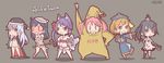  6+girls :d :o akebono_(kantai_collection) alternate_costume animal_ears asymmetrical_legwear axe bandaid bandaid_on_face bell black_hair blush brown_background brown_eyes bunny cape chibi commentary_request cosplay crab fang flower fox_ears fox_tail frankenstein's_monster frankenstein's_monster_(cosplay) full-face_blush hair_bell hair_bobbles hair_flower hair_ornament hand_on_hip hat hibiki_(kantai_collection) highres jiangshi jingle_bell kantai_collection kasumi_(kantai_collection) light_brown_hair long_hair multiple_girls multiple_tails mummy_costume naked_cape oboro_(kantai_collection) oogie_boogie open_mouth pink_hair pori_(poritan81) pose purple_eyes purple_hair saturday_night_fever sazanami_(kantai_collection) side_ponytail single_thighhigh smile solid_oval_eyes staff tail the_nightmare_before_christmas thighhighs translation_request trick_or_treat twintails twitter_username ushio_(kantai_collection) v-shaped_eyebrows weapon 