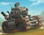  cannon caterpillar_tracks cloud dated day flashlight gatling_gun ground_vehicle metal_slug military military_vehicle motor_vehicle no_humans sasisage sky sv001_(metal_slug) tank tank_focus 