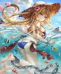  ass bare_shoulders bikini blonde_hair blue_eyes breasts bug butterfly chain earrings flat_chest highres huge_breasts insect jewelry long_hair looking_at_viewer official_art partially_submerged pisuke shingoku_no_valhalla_gate sideboob solo swimsuit 