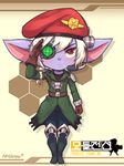  blue_skin blush boots eyepatch full_body gloves hat league_of_legends looking_at_viewer nestkeeper pants pointy_ears red_eyes salute scar soldier trench_coat tristana uniform white_hair yordle 