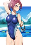  arm_up ass_visible_through_thighs blue_eyes blue_sky blue_swimsuit breasts closed_mouth cloud collarbone commentary_request competition_swimsuit covered_navel cowboy_shot day doushimasho eyebrows_visible_through_hair hair_between_eyes highleg highleg_swimsuit holding_goggles lane_line long_hair medium_breasts one-piece_swimsuit original outdoors outside_border ponytail pool purple_hair sky smile solo standing swimsuit thigh_gap water wet wet_hair 