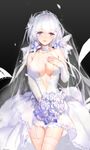  :d azur_lane black_footwear boots bouquet breasts bridal_veil center_opening cleavage collarbone cowboy_shot detached_sleeves diadem dress eyebrows_visible_through_hair flower garter_straps hair_ornament hair_ribbon highres holding holding_bouquet illustrious_(azur_lane) jewelry large_breasts long_hair looking_at_viewer open_mouth purple_eyes ribbon ring short_dress silver_hair simple_background sleeveless sleeveless_dress smile solo standing swd3e2 thighhighs veil wedding_dress wedding_ring white_flower white_ribbon 