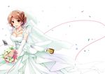  :d bouquet breasts bridal_veil brown_eyes brown_hair cleavage collarbone dress elbow_gloves flower gloves highres holding holding_bouquet houjou_karen idolmaster idolmaster_cinderella_girls jewelry kiki_(koikuchikinako) looking_at_viewer medium_breasts necklace open_mouth short_hair simple_background smile solo standing veil wedding_dress white_background white_dress white_gloves 