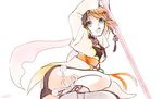  1girl blue_eyes breasts brown_hair choker hair_ornament jacket leia_rolando open_mouth ribbon shoes short_hair shorts staff tales_of_(series) tales_of_xillia weapon 