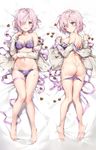  anmi ass bangs bare_legs bare_shoulders barefoot bed_sheet blush bow bow_bra bra breasts censored chocolate chocolate_heart commentary_request dakimakura eyebrows_visible_through_hair eyes_visible_through_hair fate/grand_order fate_(series) frilled_bra frills from_above full_body hair_over_one_eye heart highres large_breasts lavender_hair looking_at_viewer looking_back lying mash_kyrielight medium_breasts multi-strapped_panties multiple_views navel off_shoulder on_back on_stomach open_clothes open_mouth panties panty_pull plaid plaid_bra plaid_panties purple_bra purple_eyes purple_panties ribbon sample short_hair smile underwear 