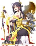  bare_shoulders black_hair bow_(weapon) breasts castle crown emerane fingerless_gloves floral_print from_side full_body gloves hair_between_eyes holding holding_bow_(weapon) holding_weapon japanese_clothes kimono large_breasts long_hair mole mole_under_eye official_art oshiro_project oshiro_project_re petals red_eyes rose_print seiza sitting solo tamonyama_(oshiro_project) torn_clothes torn_kimono transparent_background very_long_hair weapon yuujo 