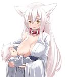  :d animal_ears baby blush breast_feeding breasts collar collarbone hair_between_eyes japanese_clothes large_breasts long_hair long_sleeves nose_blush one_breast_out open_mouth original sakura_inu smile upper_body very_long_hair white_hair wide_sleeves wolf_ears yellow_eyes 