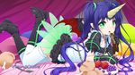  ahoge apple bangs bed beelzebub_(the_seven_deadly_sins) black_footwear black_gloves blush boots canopy_bed chain chocolate_banana collar demon_girl demon_wings dress end_card food from_side fruit gloves grapes green_eyes highres horn leash licking long_hair looking_at_viewer looking_to_the_side lying meat non-web_source on_bed on_stomach open_mouth parted_bangs pointy_ears puffy_short_sleeves puffy_sleeves short_sleeves shouji_ayumu solo the_seven_deadly_sins thighhighs twintails white_legwear wings 