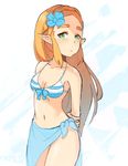  bra braid breasts commentary coolisushi cowboy_shot elf flower green_eyes hair_flower hair_ornament highres holding_arm long_hair medium_breasts pointy_ears princess_zelda sarong solo swimsuit the_legend_of_zelda the_legend_of_zelda:_breath_of_the_wild underwear 