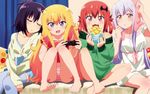  &gt;:d 4girls :3 :d :o absurdres ahoge barefoot bat_hair_ornament blonde_hair blue_eyes blue_legwear blush bread breasts cleavage controller detexted dress dualshock eating eyebrows_visible_through_hair eyes_closed fang feet food gabriel_dropout game_controller gamepad girl_sandwich hair_ornament hair_rings highres holding holding_food kurumizawa_satanichia_mcdowell lavender_hair long_hair looking_at_viewer magazine_scan melon_bread multiple_girls official_art open_mouth panties photoshop pink_panties playing_games promotional_art purple_hair red_eyes red_hair sandwiched scan school_uniform shiraha_raphiel_ainsworth short_hair silver_hair sitting sleeping sleeping_on_person small_breasts smile soles striped striped_panties tenma_gabriel_white thighhighs toes towel towel_on_head tsukinose_vignette_april underwear watanabe_mai yellow_eyes zettai_ryouiki 