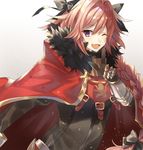  ;d astolfo_(fate) black_bow bow braid cape fang fate/apocrypha fate/grand_order fate_(series) fur_trim hair_ribbon highres male_focus one_eye_closed open_mouth pink_hair purple_eyes ribbon single_braid smile tsugutoku 