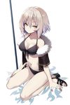  bangs bikini black_bikini black_footwear breasts cleavage closed_mouth commentary_request expressionless eyebrows_visible_through_hair fate/grand_order fate_(series) front-tie_bikini front-tie_top fur_trim grey_hair hair_between_eyes hama_chon jeanne_d'arc_(alter)_(fate) jeanne_d'arc_(fate)_(all) looking_at_viewer medium_breasts navel planted_weapon sandals shoes short_hair sidelocks sitting solo swimsuit thighs wariza weapon yellow_eyes 