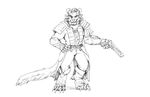 anthro armor charr claws clothing dagos fangs feline female flat_chested fluffy fluffy_tail fur guild_wars gun hand_on_hip handgun hi_res horn looking_at_viewer mammal multi_ear pistol ranged_weapon simple_background solo video_games weapon 