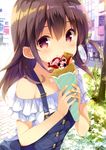  absurdres bow brown_eyes brown_hair collarbone crepe day eating eyebrows_visible_through_hair floating_hair food food_wrapper girlish_number green_bow hair_between_eyes hair_bow highres holding holding_food jewelry karasuma_chitose_(girlish_number) long_hair looking_at_viewer nail_polish necklace outdoors road solo standing street upper_body yellow_nails 