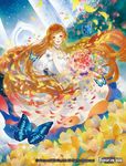  bare_shoulders bouquet bug butterfly cinderella_(force_of_will) copyright_name dress earrings flower force_of_will green_eyes insect jewelry leaf long_hair necklace official_art open_mouth orange_hair petals solo teeth white_dress 