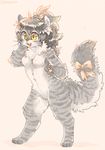  2015 4_toes 5_fingers american_curl anthro arm_tuft athletic big_eyes biped breasts cat cheek_tuft chest_tuft crotch_tuft cute_fangs digital_drawing_(artwork) digital_media_(artwork) digitigrade eyelashes fangs featureless_breasts featureless_crotch feline female fluffy fluffy_tail front_view full-length_portrait fur grey_hair grey_markings grey_stripes grey_theme greyscale hair hair_ribbon hand_on_face inner_ear_fluff leg_tuft long_hair long_tail mammal markings messy_hair miri monochrome multicolored_fur naturally_censored navel neck_tuft nipple_tuft nude open_mouth pawpads paws pink_nose pink_pawpads ponytail portrait ribbons semi-anthro signature simple_background small_breasts smile soft_shading solo sparkling_eyes standing stripes tail_bow tail_ribbon thick_tail toes toony tuft two_tone_fur whiskers white_background yellow_eyes 