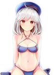  ahoge alicia_(sennen_sensou_aigis) blue_hat blush breasts cleavage closed_mouth collarbone eyebrows_visible_through_hair hat large_breasts looking_at_viewer nannacy7 navel red_eyes sennen_sensou_aigis smile solo white_hair 