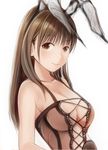  anegasaki_nene animal_ears bangs bare_shoulders breasts brown_eyes brown_hair bunny_ears cleavage closed_mouth collarbone commentary_request eyebrows_visible_through_hair fake_animal_ears long_hair looking_at_viewer love_plus medium_breasts mole mole_under_eye nannacy7 simple_background smile solo upper_body white_background 