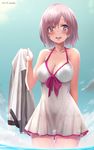  artist_name ass_visible_through_thighs bangs bikini blush breasts cleavage commentary_request cowboy_shot day fate/grand_order fate_(series) hair_over_one_eye hand_up holding large_breasts mash_kyrielight ocean open_mouth outdoors pink_bikini purple_eyes purple_hair rods see-through smile solo swimsuit swimsuit_of_perpetual_summer thigh_gap wading wet wet_clothes 