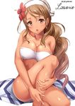  :o accessory_tan alternate_costume artist_name bandeau bare_back bare_legs bikini blush breasts brown_eyes brown_hair collarbone commentary fingernails flower hair_flower hair_ornament hat kantai_collection knees_up large_breasts littorio_(kantai_collection) long_hair looking_at_viewer open_mouth sakiyamama shiny shiny_skin signature simple_background skindentation solo swimsuit tan tanline twitter_username white_background white_bikini 