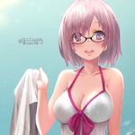  artist_name bad_id bad_pixiv_id bangs black-framed_eyewear blush breasts cleavage commentary_request day fate/grand_order fate_(series) glasses hair_over_one_eye hand_up highres holding large_breasts mash_kyrielight open_mouth outdoors purple_eyes purple_hair rods see-through smile solo swimsuit_of_perpetual_summer twitter_username upper_body wading wet wet_clothes 