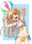  1girl :d armpits arms_up ball beachball bikini blonde_hair bracelet breasts cleavage clothes_writing collarbone commentary cowboy_shot eyebrows_visible_through_hair eyelashes fangs front-tie_top green_eyes holding holding_ball horizontal_stripes idolmaster idolmaster_cinderella_girls jewelry jougasaki_rika kakaobataa long_hair looking_at_viewer navel necklace open_mouth side-tie_bikini simple_background small_breasts smile solo star star_necklace striped striped_bikini_top swimsuit teeth two_side_up 
