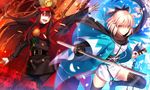  black_bow black_hair black_scarf bow cape family_crest fate/grand_order fate_(series) fuyuki_(neigedhiver) hair_bow haori hat holding holding_sword holding_weapon japanese_clothes katana kimono koha-ace long_hair military military_uniform multiple_girls oda_nobunaga_(fate) oda_uri okita_souji_(fate) okita_souji_(fate)_(all) open_mouth peaked_cap red_eyes sash scarf shinsengumi short_hair short_kimono sleeveless sleeveless_kimono smile sword uniform weapon white_kimono 