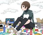  book boombox bottle box brown_eyes brown_hair can cloud commentary_request computer english jacket laptop newspaper original shoes short_hair sitting sneakers solo television track_jacket translation_request yajirushi_(chanoma) 