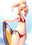 arm_at_side bangs beach bikini blonde_hair cowboy_shot day eyebrows_visible_through_hair fate/grand_order fate_(series) flat_chest front-tie_bikini front-tie_top green_eyes highres lens_flare long_hair looking_at_viewer mordred_(fate)_(all) mordred_(swimsuit_rider)_(fate) navel open_mouth outdoors parted_bangs ponytail prydwen red_bikini side-tie_bikini sidelocks smile solo sukemyon surfboard swimsuit thighs 
