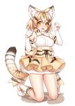  animal_ears animal_print artist_name bangs blonde_hair blush breasts brown_hair commentary_request dated elbow_gloves eyebrows_visible_through_hair fang gloves hands_up hattori_masaki high-waist_skirt kemono_friends kneehighs kneeling looking_at_viewer medium_breasts multicolored_hair open_mouth sand_cat_(kemono_friends) sand_cat_print shoes short_hair skirt smile solo tail teeth thighs white_footwear white_gloves white_legwear yellow_eyes 