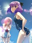  adjusting_clothes adjusting_swimsuit bare_shoulders blush bow bow_swimsuit breasts cleavage closed_eyes dress_swimsuit fate/grand_order fate_(series) glasses hair_over_one_eye helena_blavatsky_(fate/grand_order) lens_flare looking_at_viewer mash_kyrielight multiple_girls one-piece_swimsuit pink_bow purple_eyes purple_hair school_swimsuit short_hair small_breasts smile somechime_(sometime1209) sun swimsuit swimsuit_of_perpetual_summer wet wet_clothes white_swimsuit 